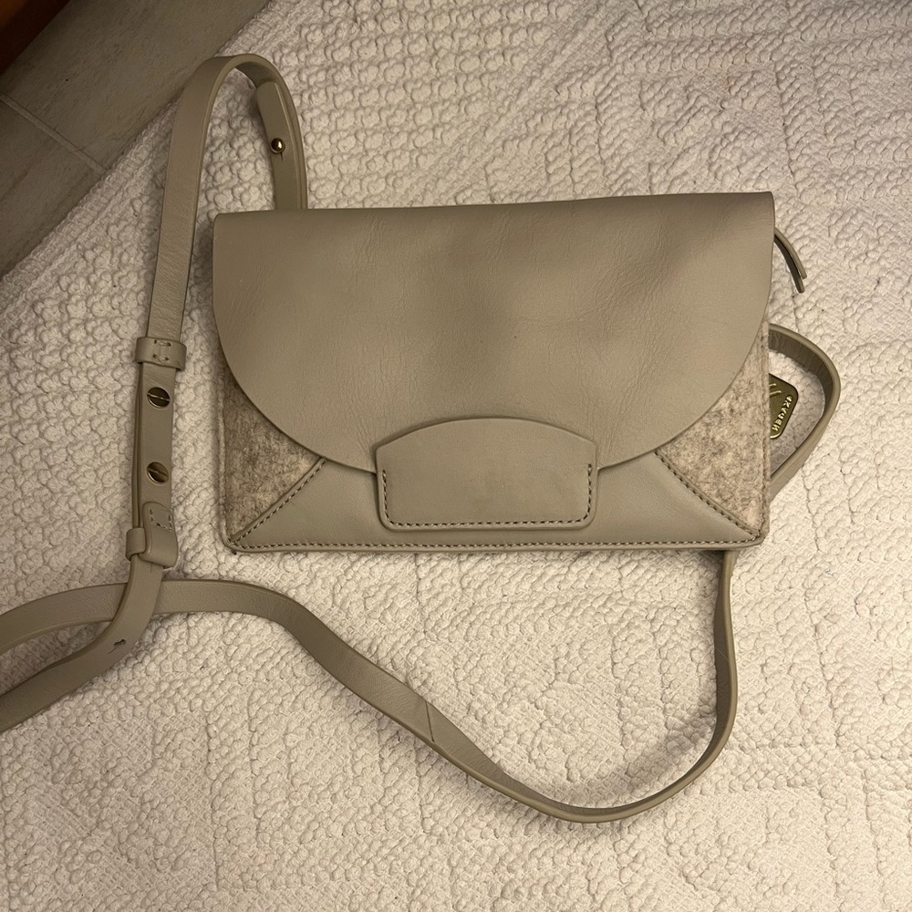 Gray wool and leather convertible clutch and shoulder bag